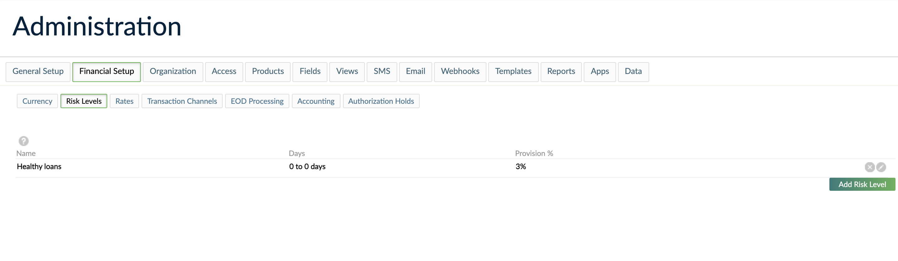 Administration - Financial Setup - Risk Levels view